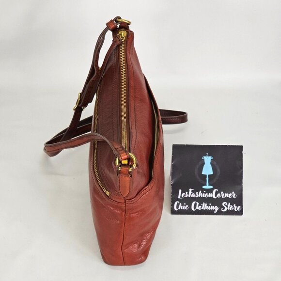 Margot Women's Cognac Leather Mary Scoop Double Zip Crossbody Bag Sz M 253 - Picture 3 of 13